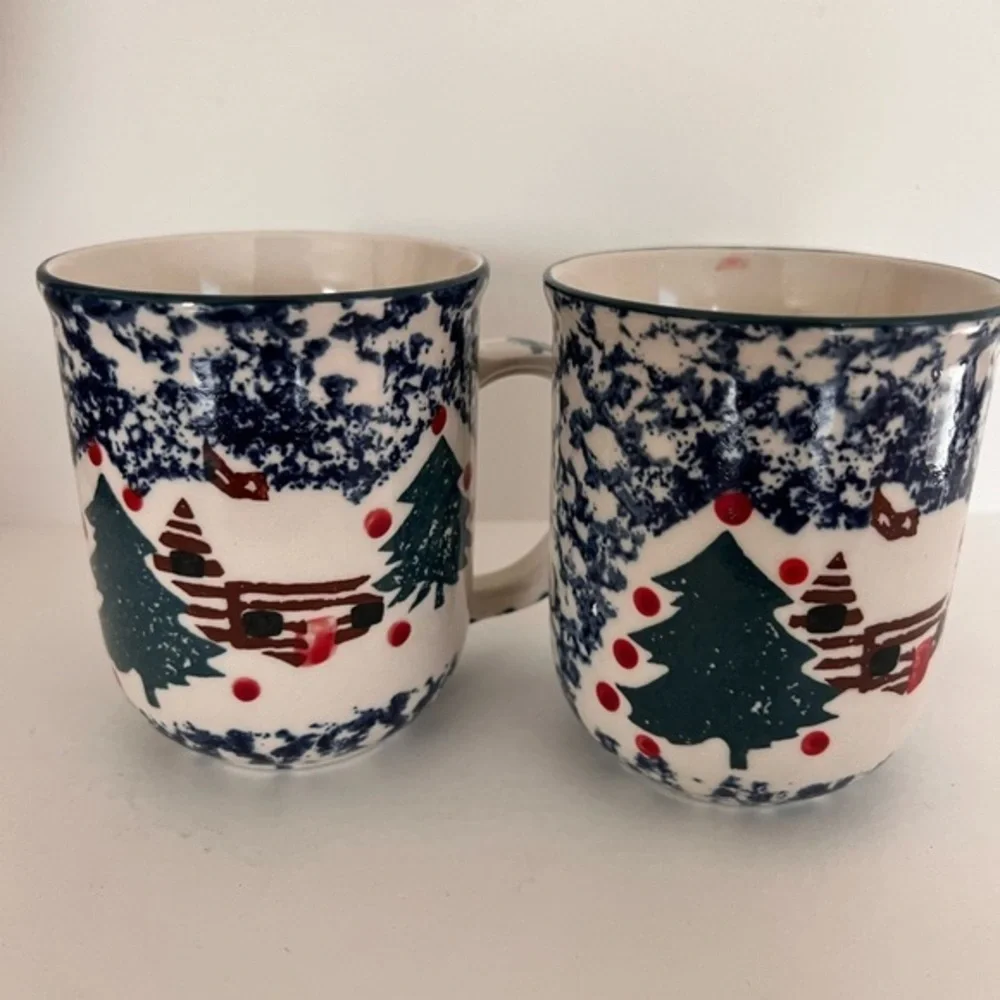 Folk Craft Cabin in the Snow Blue Spongware Christmas Mug by Tienshan Set Of 2